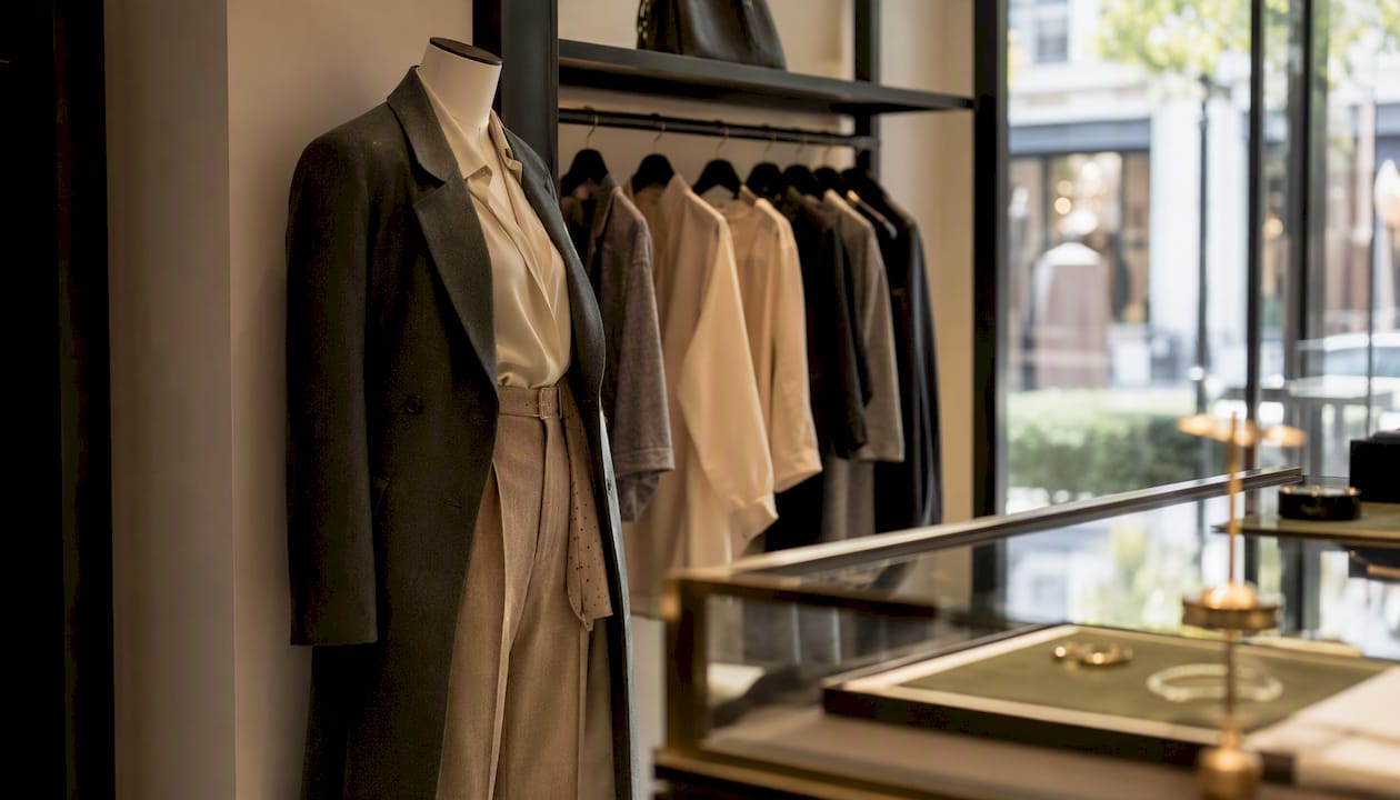 Dettaglio d’arredo in una boutique di lusso: elegante stand per abiti perfettamente organizzato.