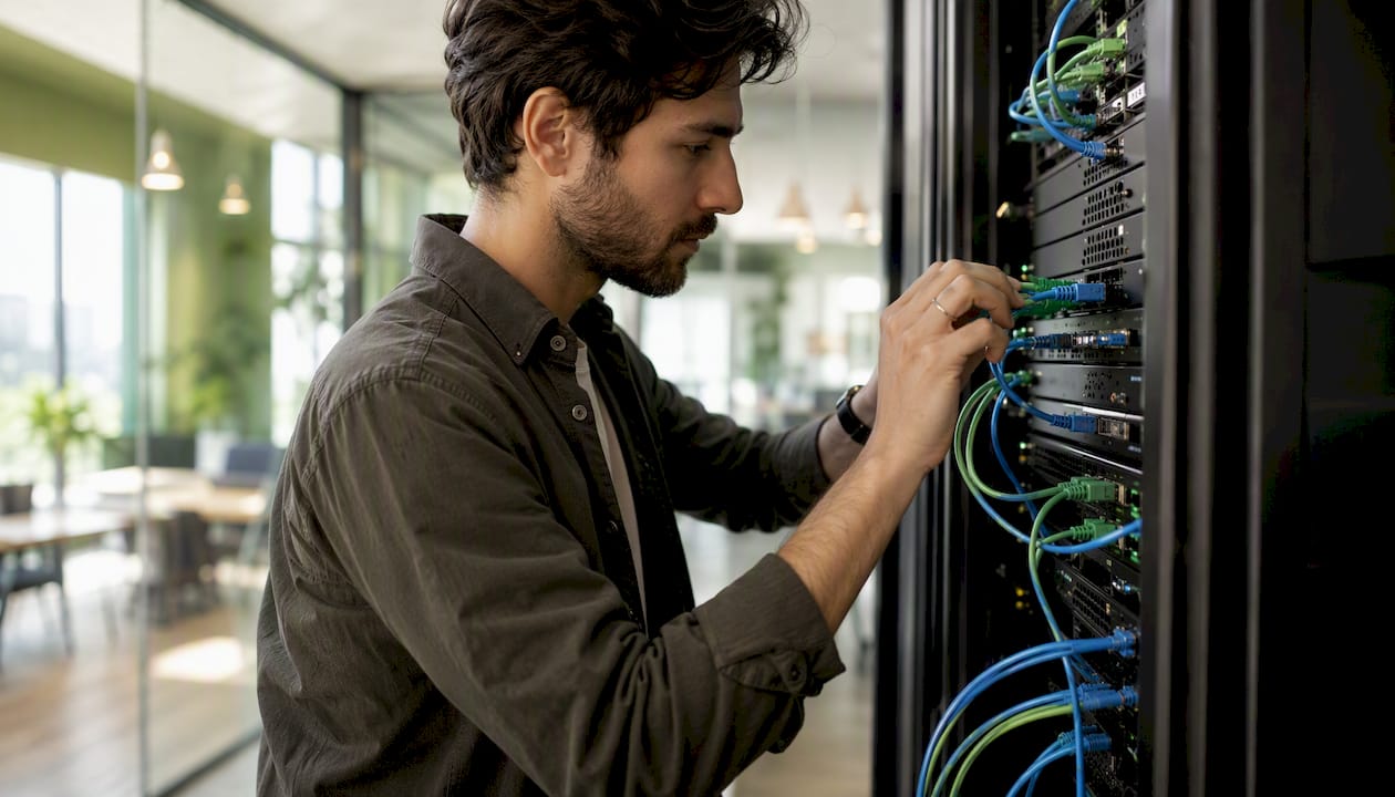 Tecnici al lavoro mentre collegano i cavi dei server all’interno di un data center.