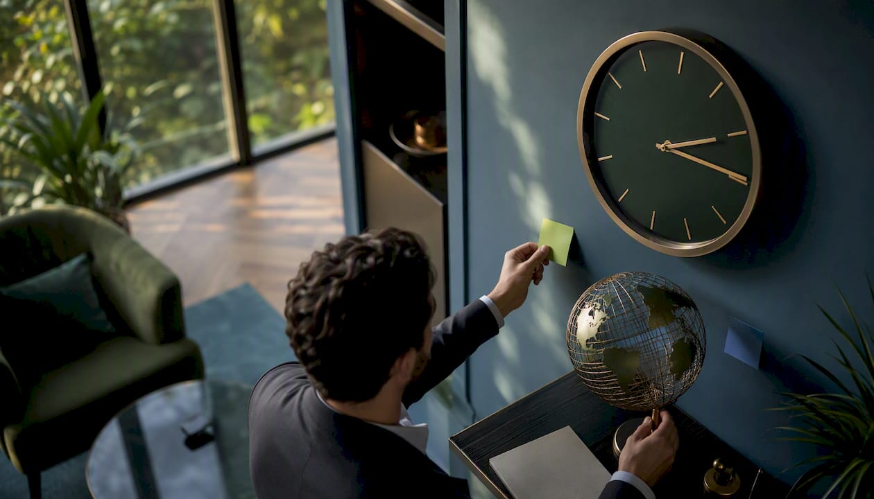 Particolare di una scrivania con orologio e mappamondo