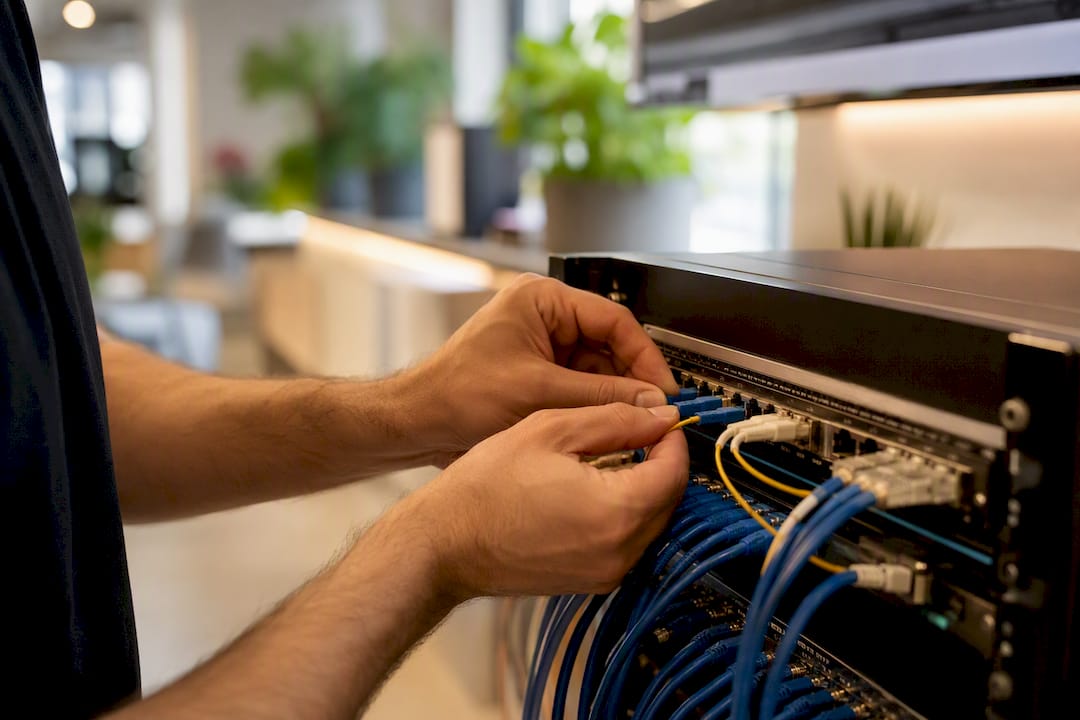 Mani che collegano cavi all’interno di un armadio server