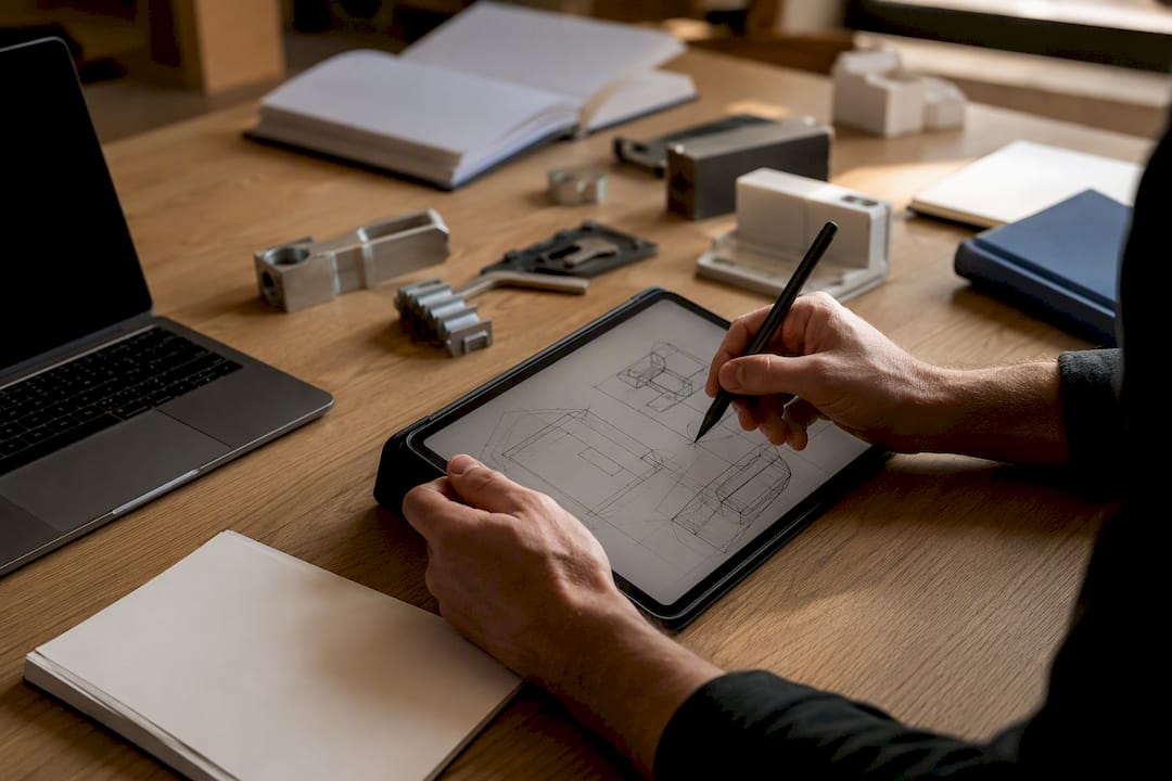 Mani che disegnano lo schema di un’architettura tecnologica su un tablet