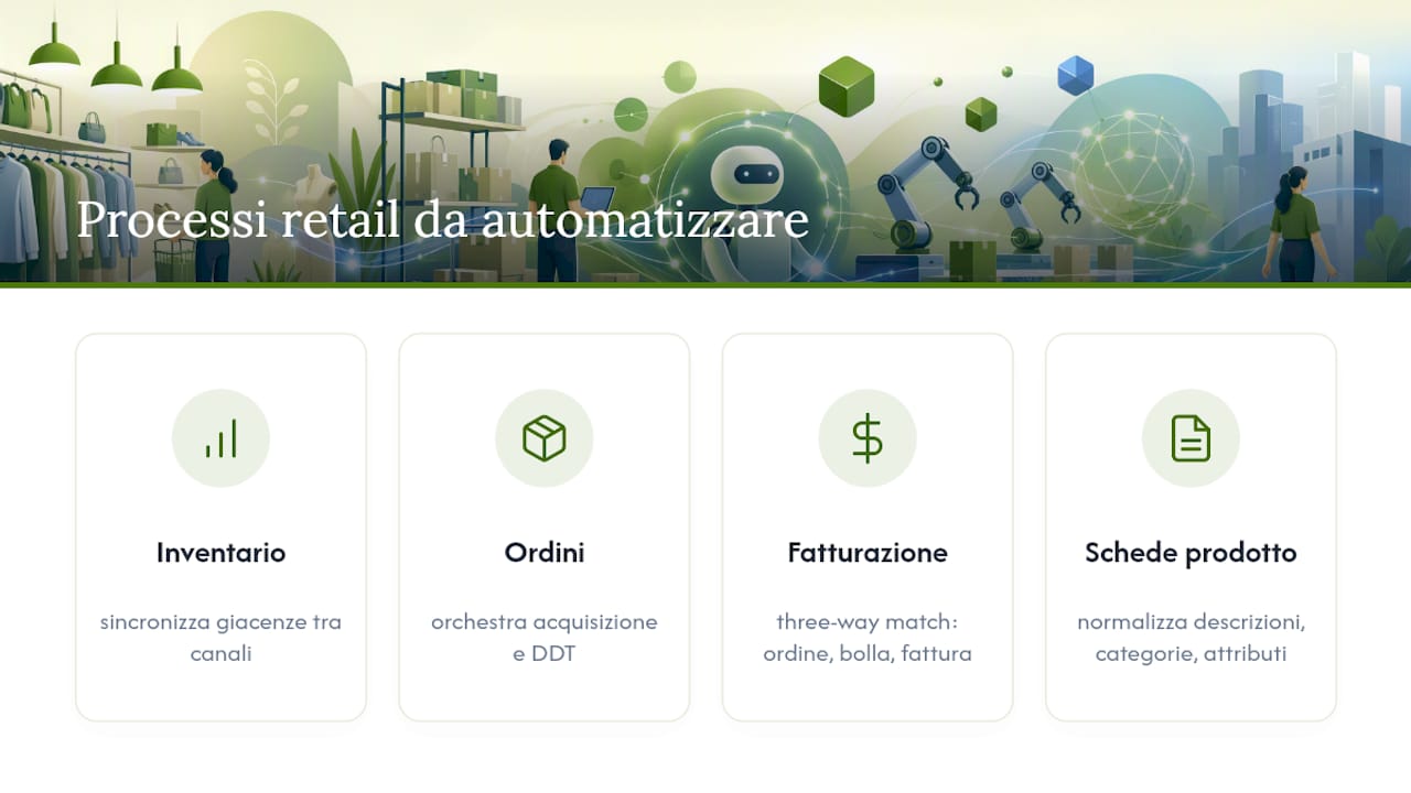 Schema dei casi d'uso dell'automazione RPA nel commercio al dettaglio