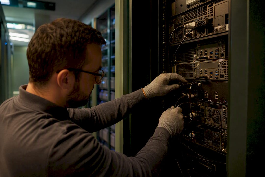 Mani che controllano l'hardware di un server
