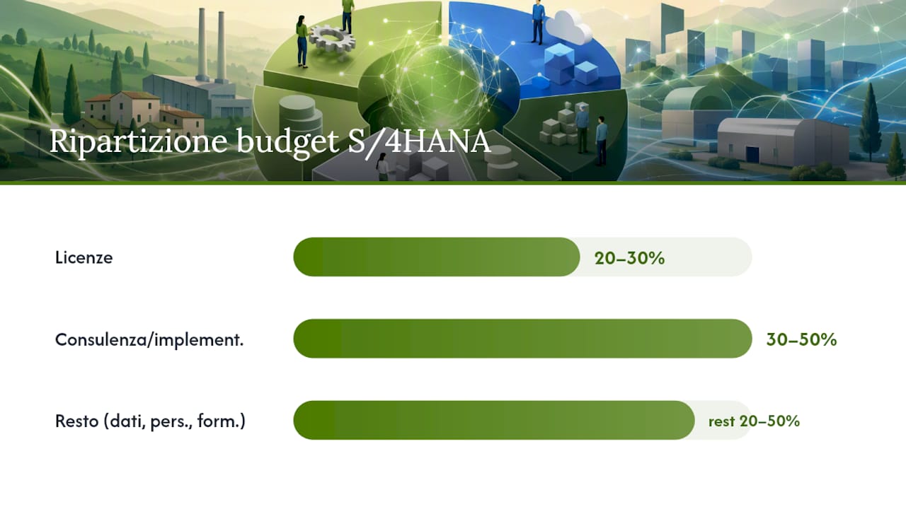Come si scompone il budget: licenze, consulenza, dati, formazione — overview diagram
