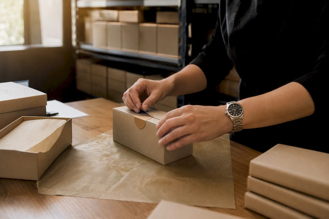 Mani che preparano un ordine ecommerce nel magazzino del negozio