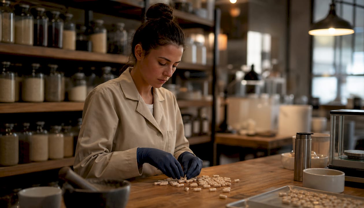 Technician inspecting capsules in manufacturing lab