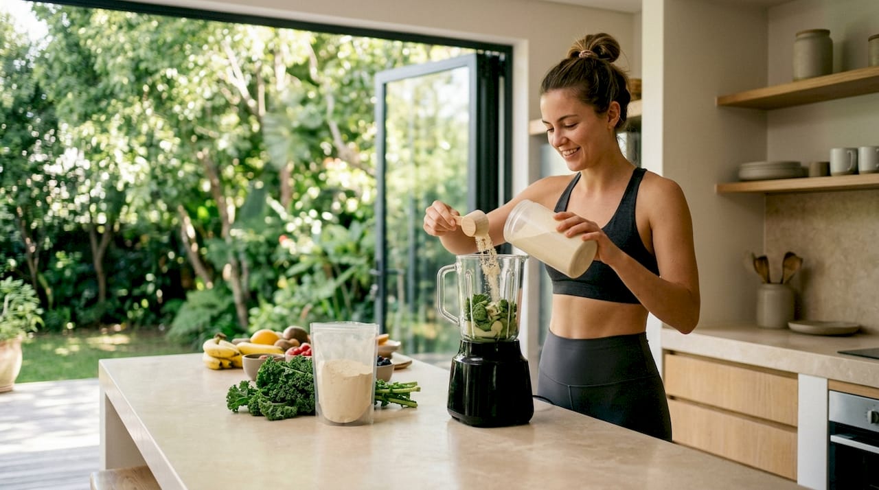 Assortment of plant-based protein powders overhead
