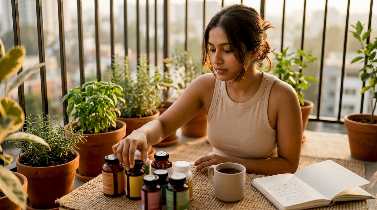 Desk with vegan supplements, checklist, and blood test