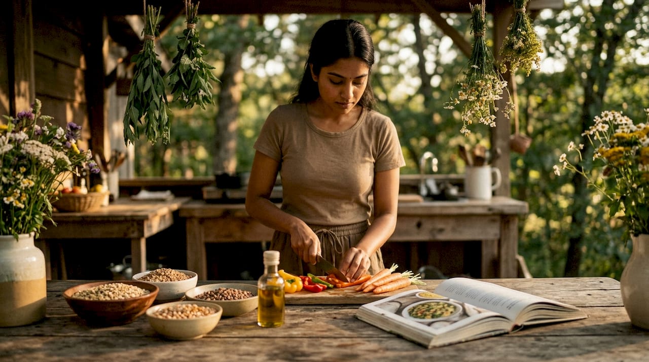 Assortment of nutrient-rich vegan foods overhead