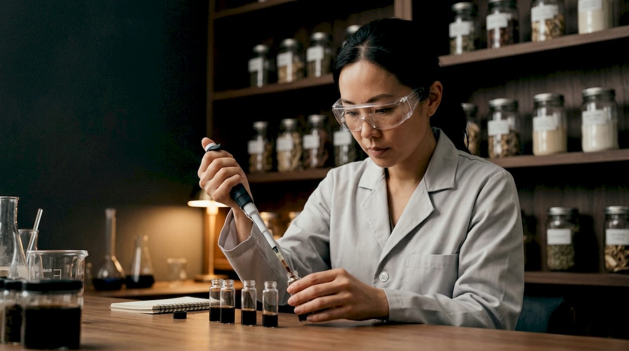 Hands inspecting mushroom supplement capsules