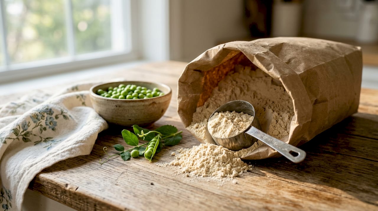 Close-up of pea protein powder and scoop