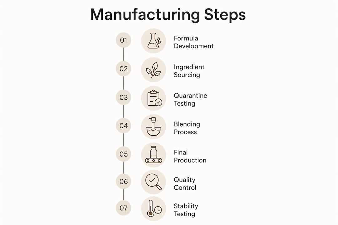Infographic showing supplement manufacturing stages step-by-step