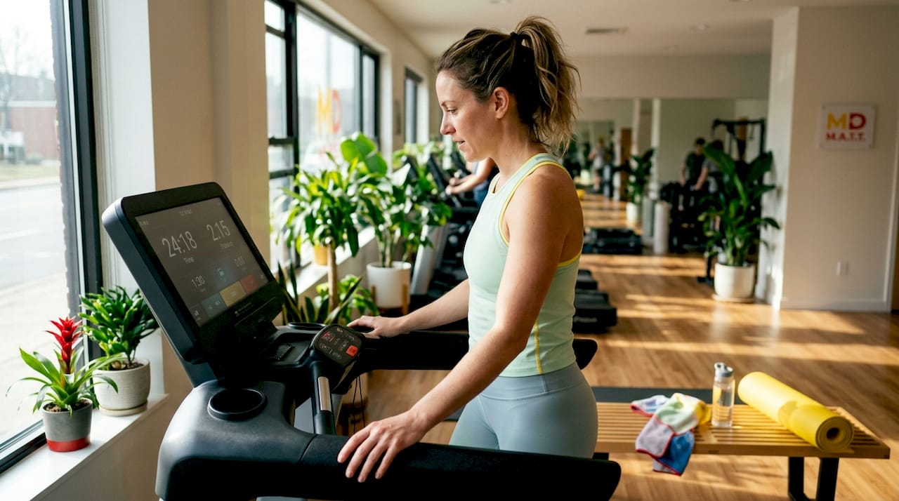 Woman exercising on treadmill in local gym