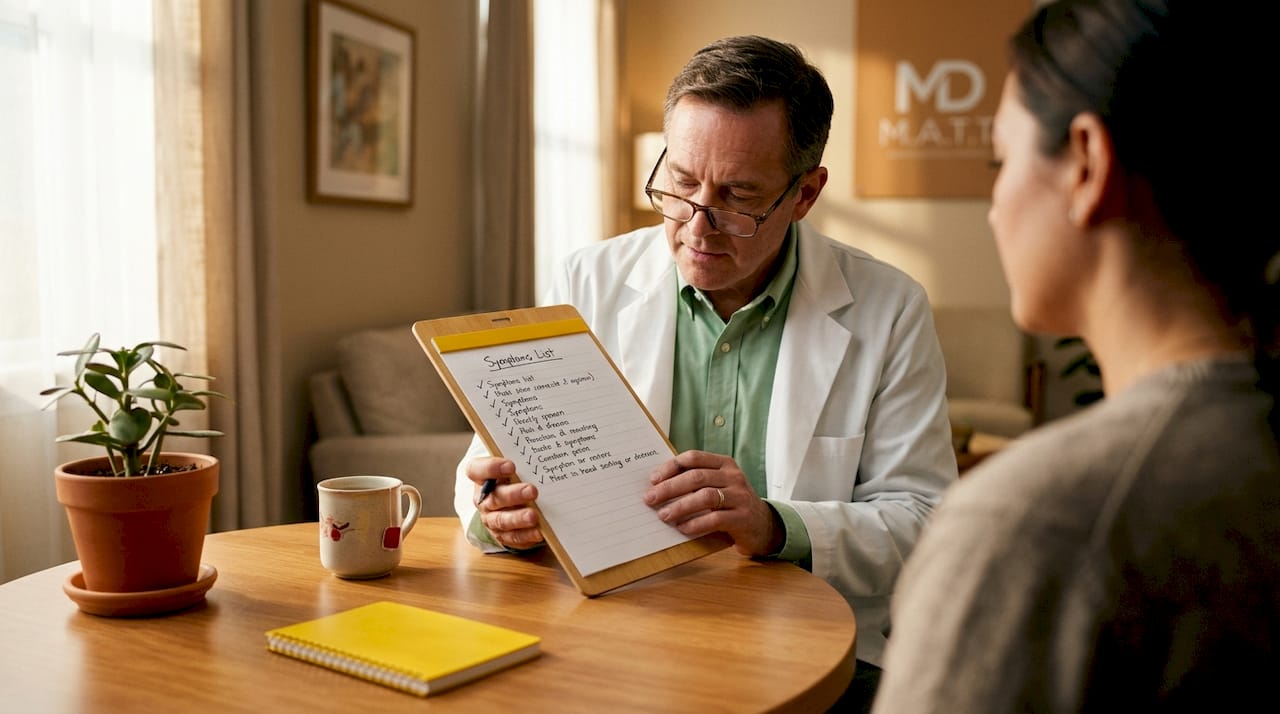 Doctor reviews symptom list with patient