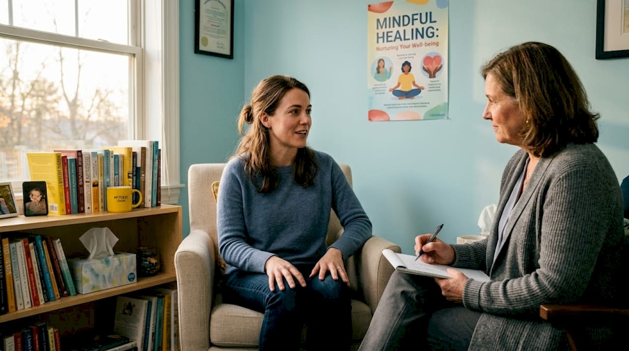 Counseling session in cozy therapist office