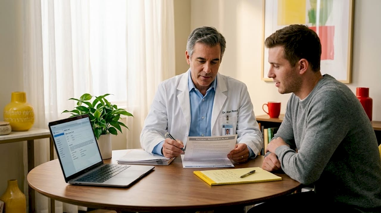 Doctor discussing treatment with patient in office
