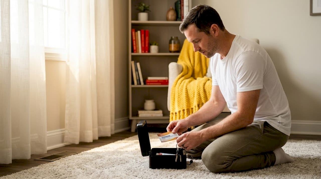 Man handling medication lockbox on dresser