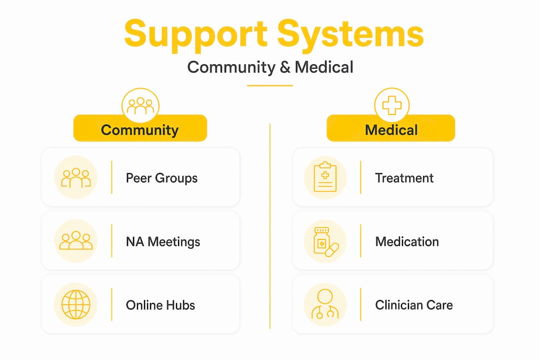 Split infographic showing community versus medical support