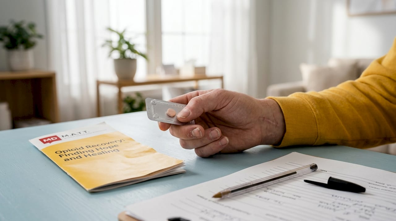 Patient holding suboxone tablet in clinic