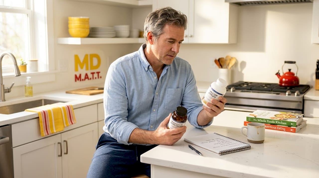 Man reading magnesium calcium supplement labels
