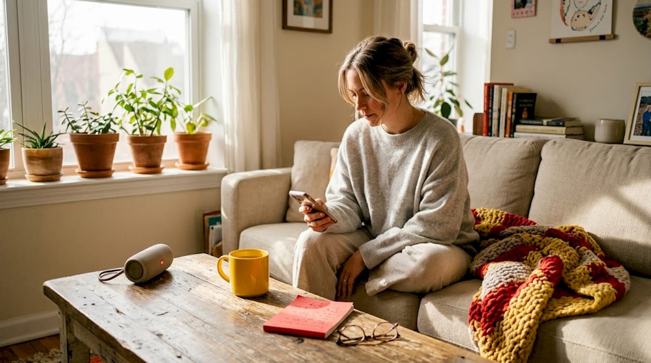 Tired woman sits on living room sofa