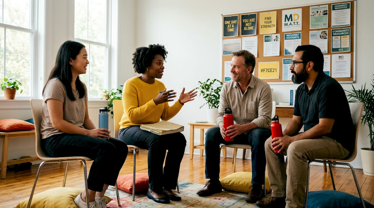 People talking in a recovery group meeting