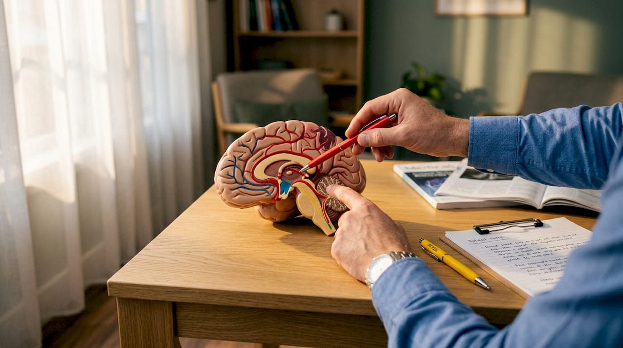 Doctor pointing to brain model showing autonomic nervous system
