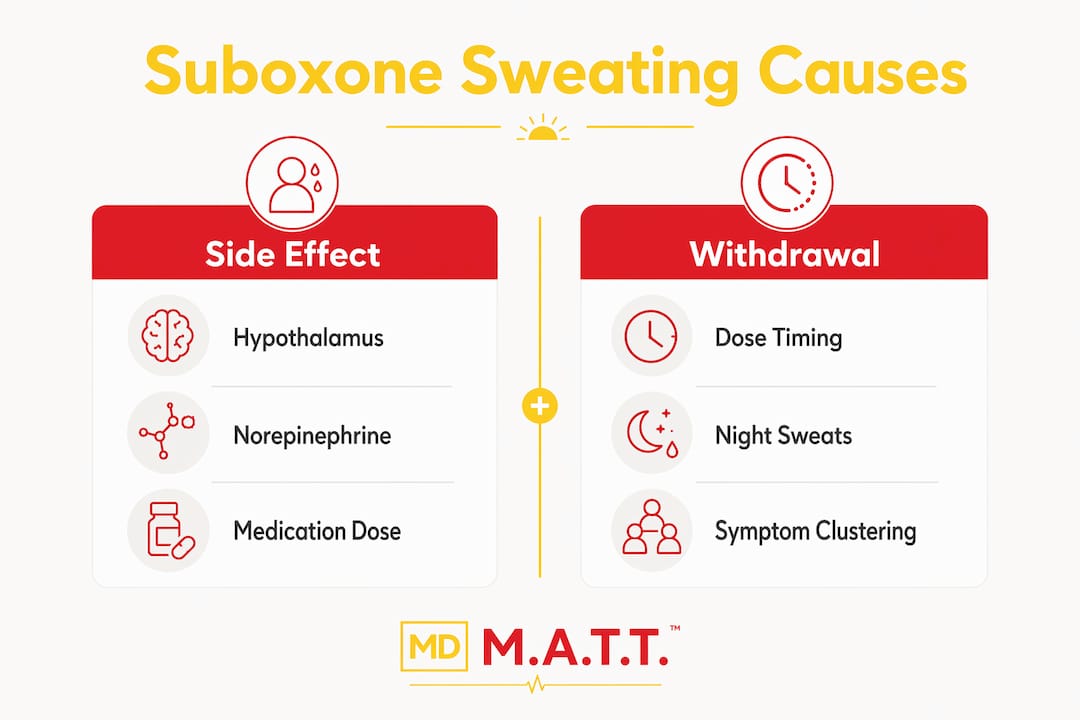 Infographic comparing Suboxone side effect and withdrawal sweating causes