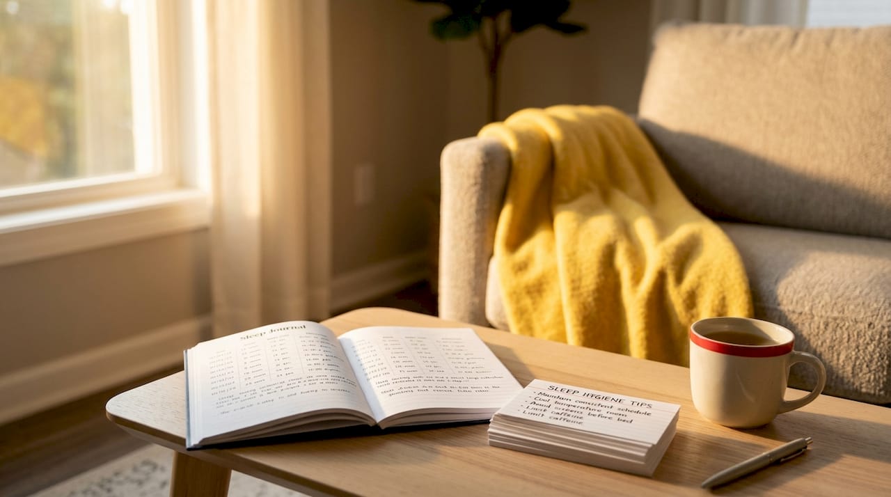 Sleep hygiene notes and tracking app on kitchen table