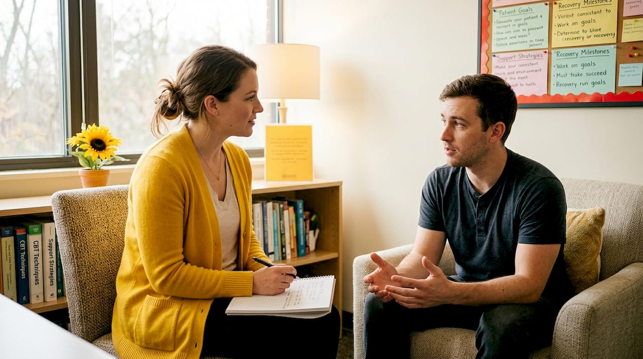 Therapist and patient discussing recovery plan