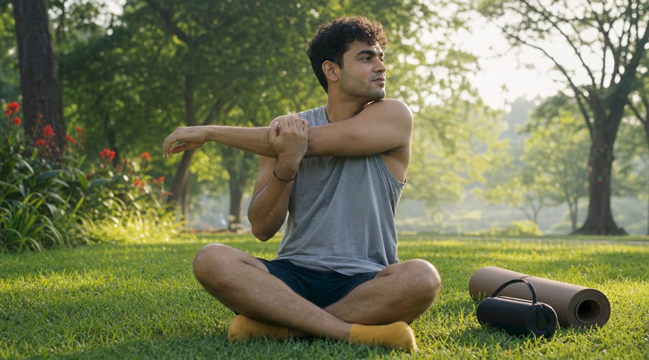 Hands resting on yoga mat in home exercise