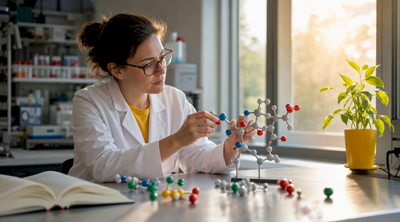 Scientist assembling opioid receptor molecular model