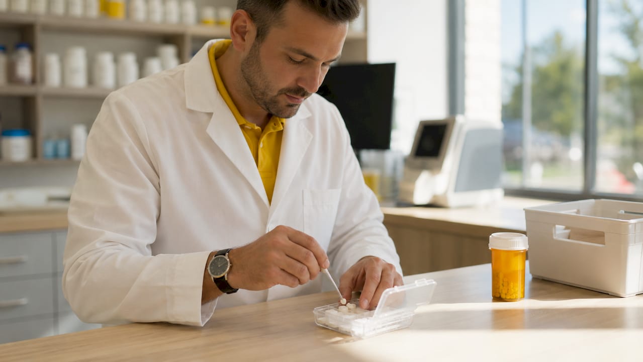 Pharmacist filling pill organizer with Suboxone tablets