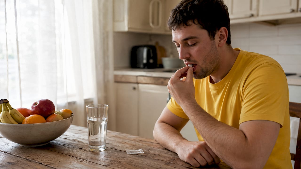 Man placing Suboxone film under tongue on couch