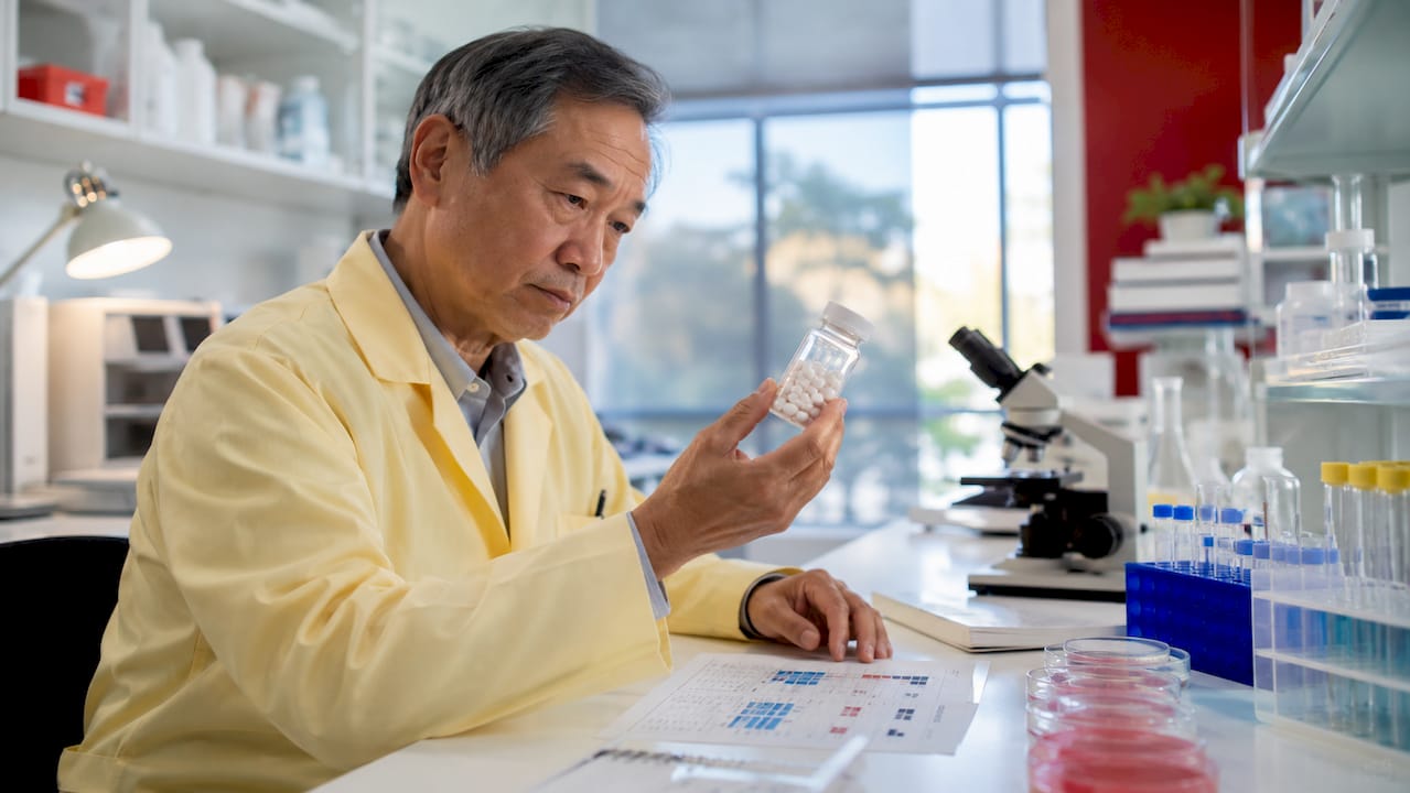 Pharmacologist studying drug metabolism in lab