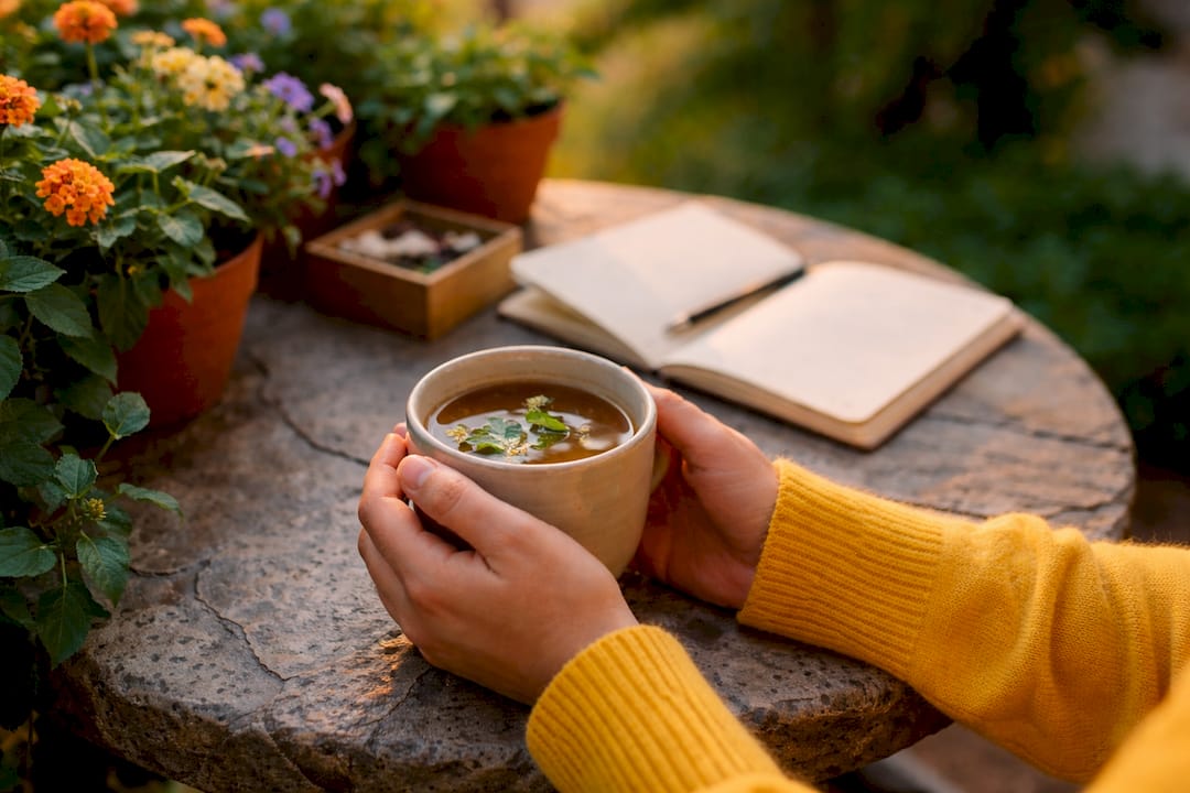 Hands holding tea cup amid recovery notes on table