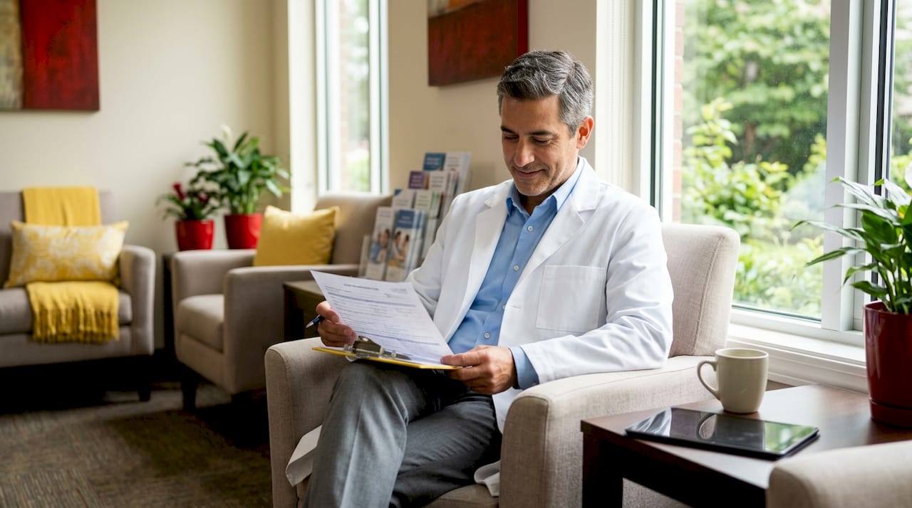 Physician holding hospital admission form on clipboard