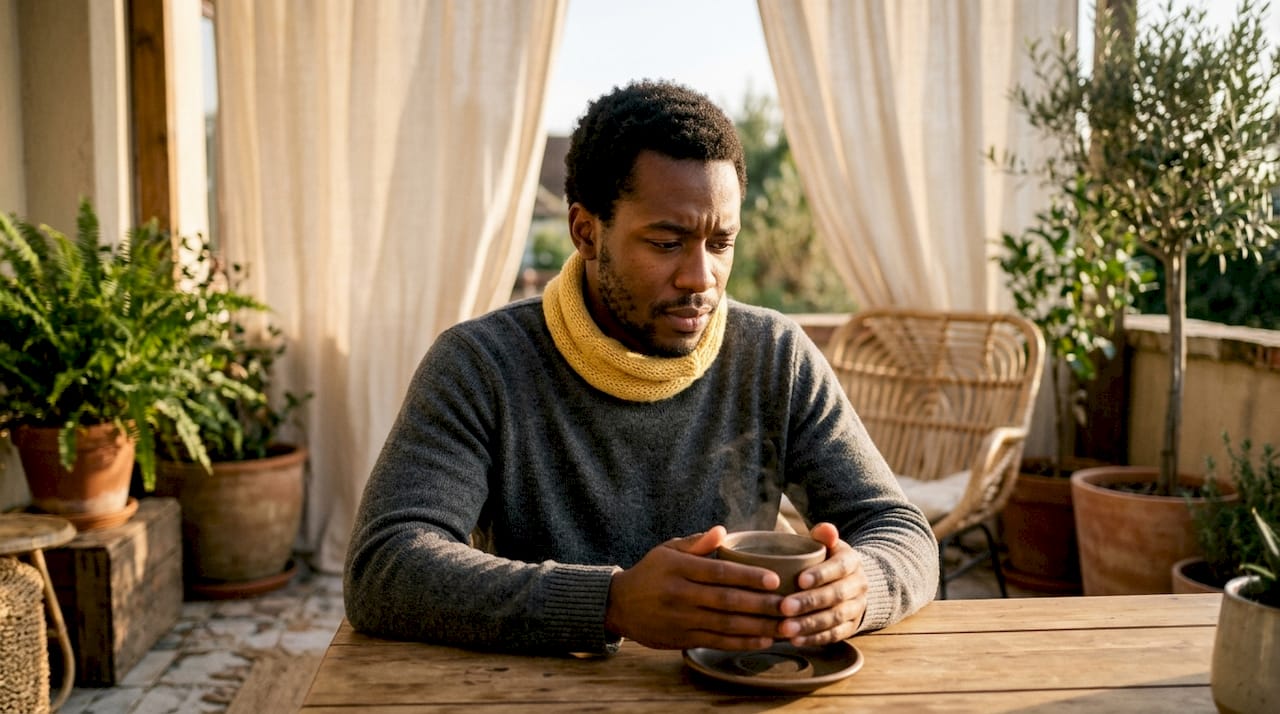 Young man reflecting alone at kitchen table