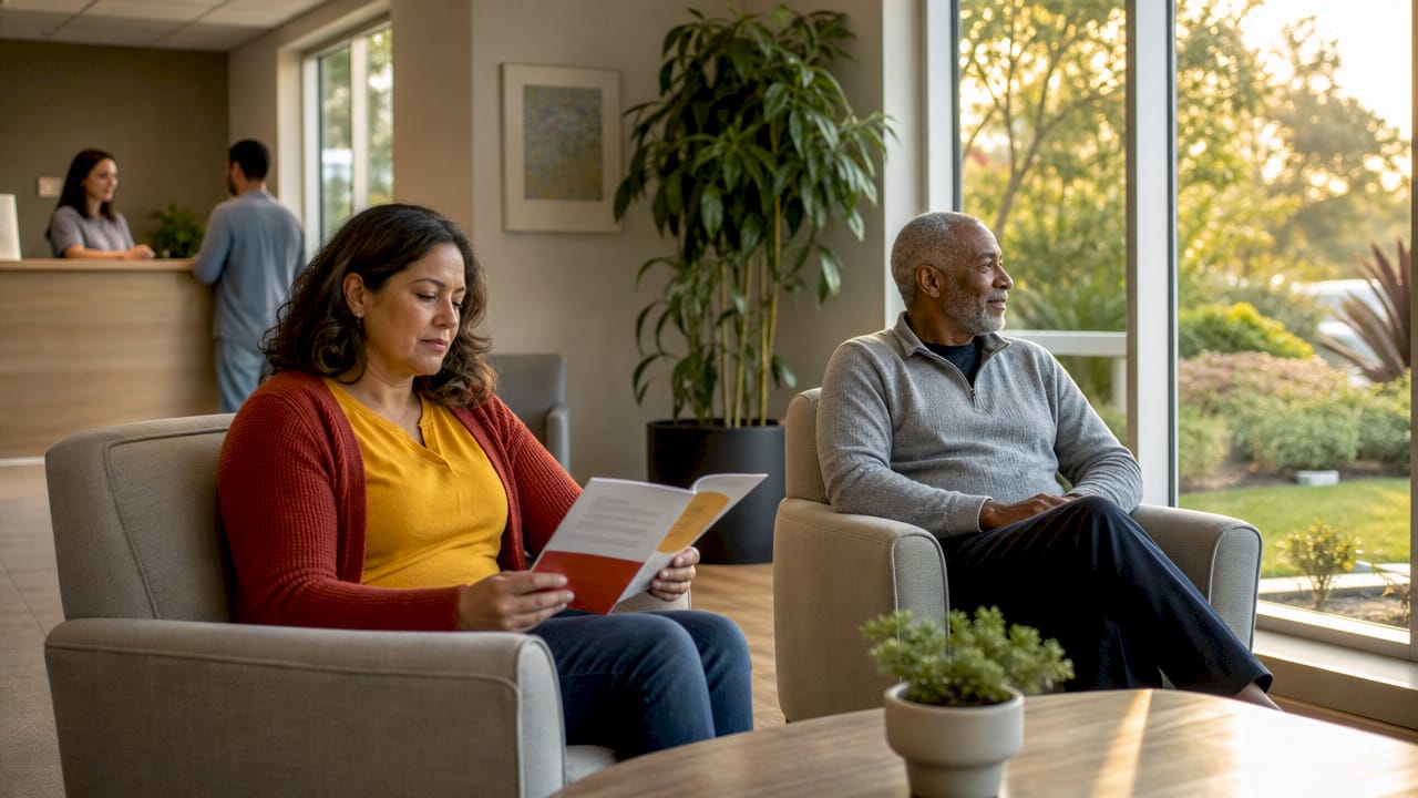 Outpatient care waiting area with patients