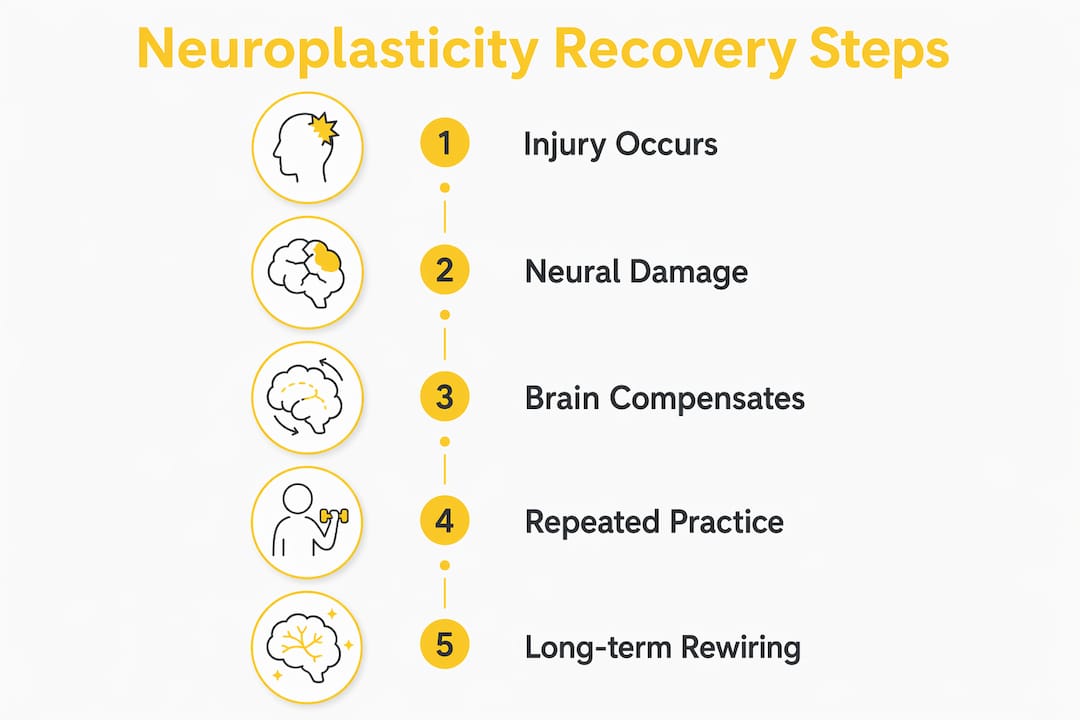 Infographic illustrating neuroplasticity recovery process steps