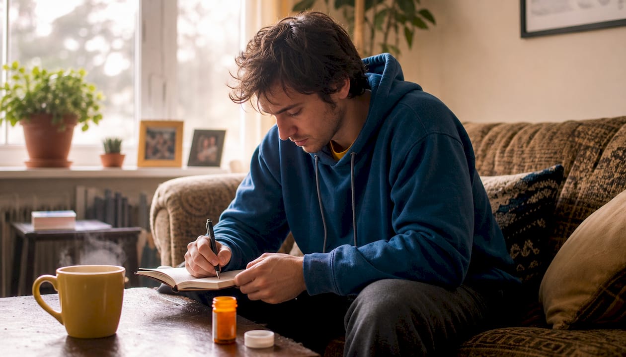 Man journaling emotions at kitchen table
