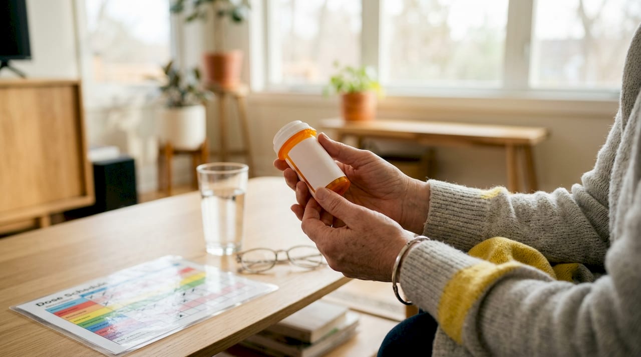 Hands holding prescription medication with dose chart visible