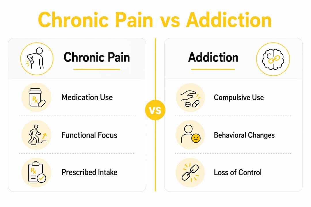 Infographic comparing chronic pain and addiction symptoms and behaviors