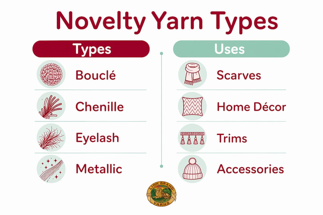 Infographic comparing novelty yarn types and uses