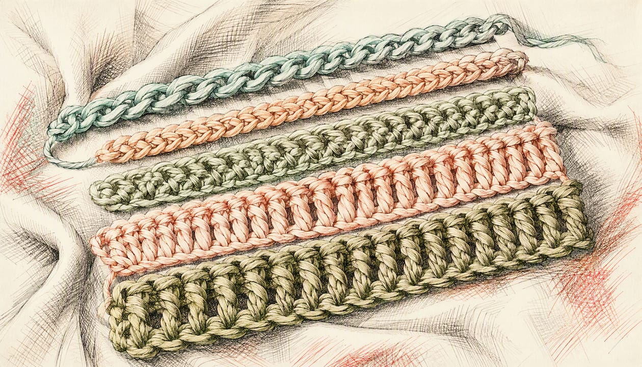 Close-up of various crochet stitches in yarn