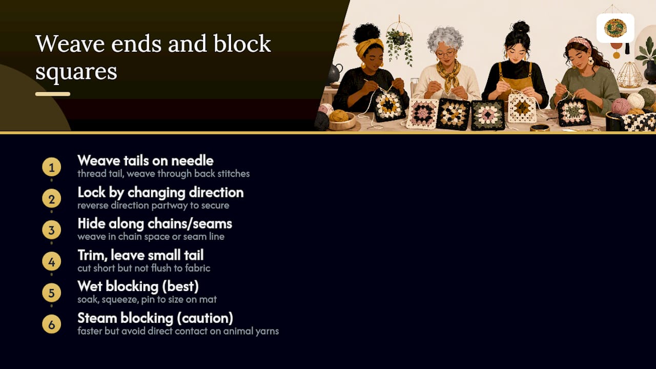 Weaving In Ends and Blocking Your Granny Squares — overview diagram