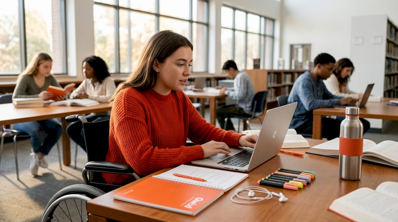 Student uses speech-to-text assistive device in library