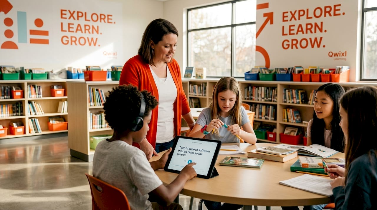 Teacher assists students using classroom technology