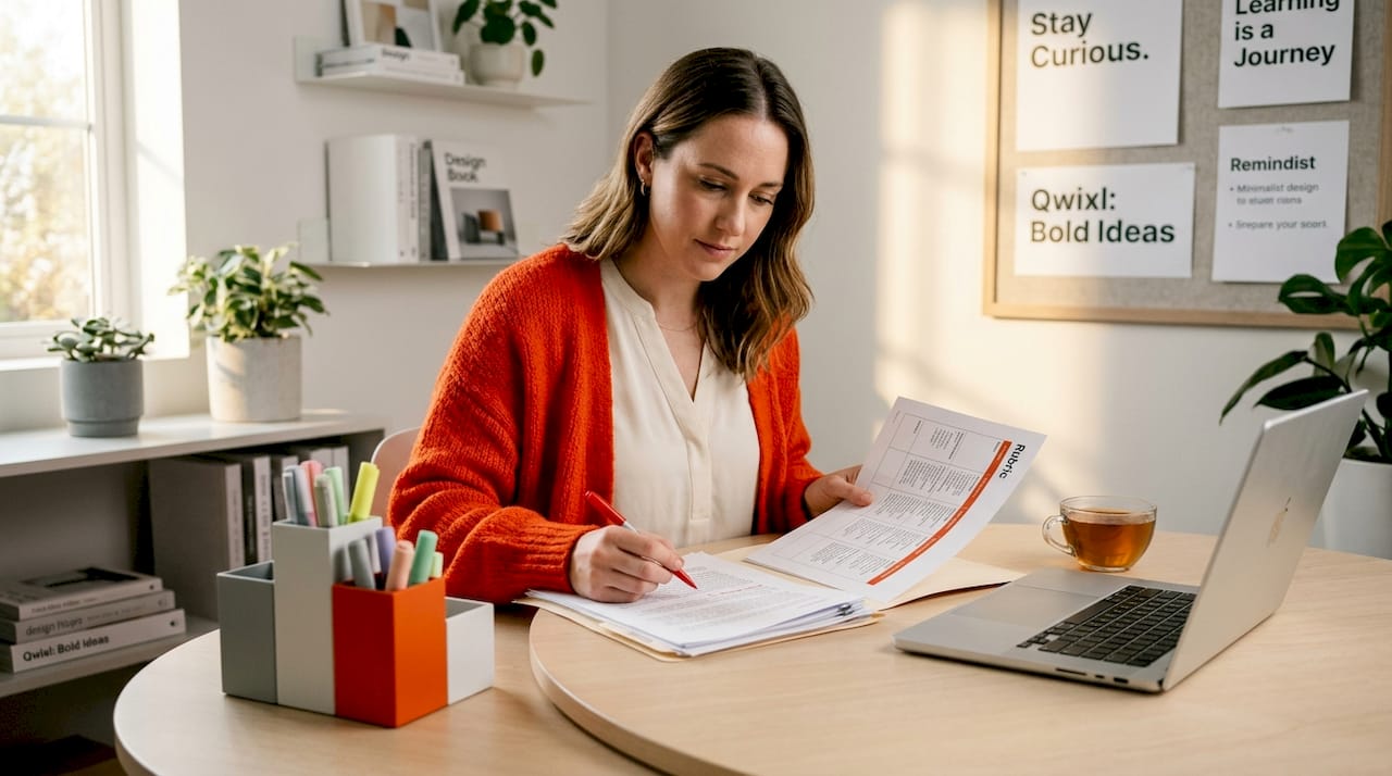 Teacher reviewing essays with rubric in classroom