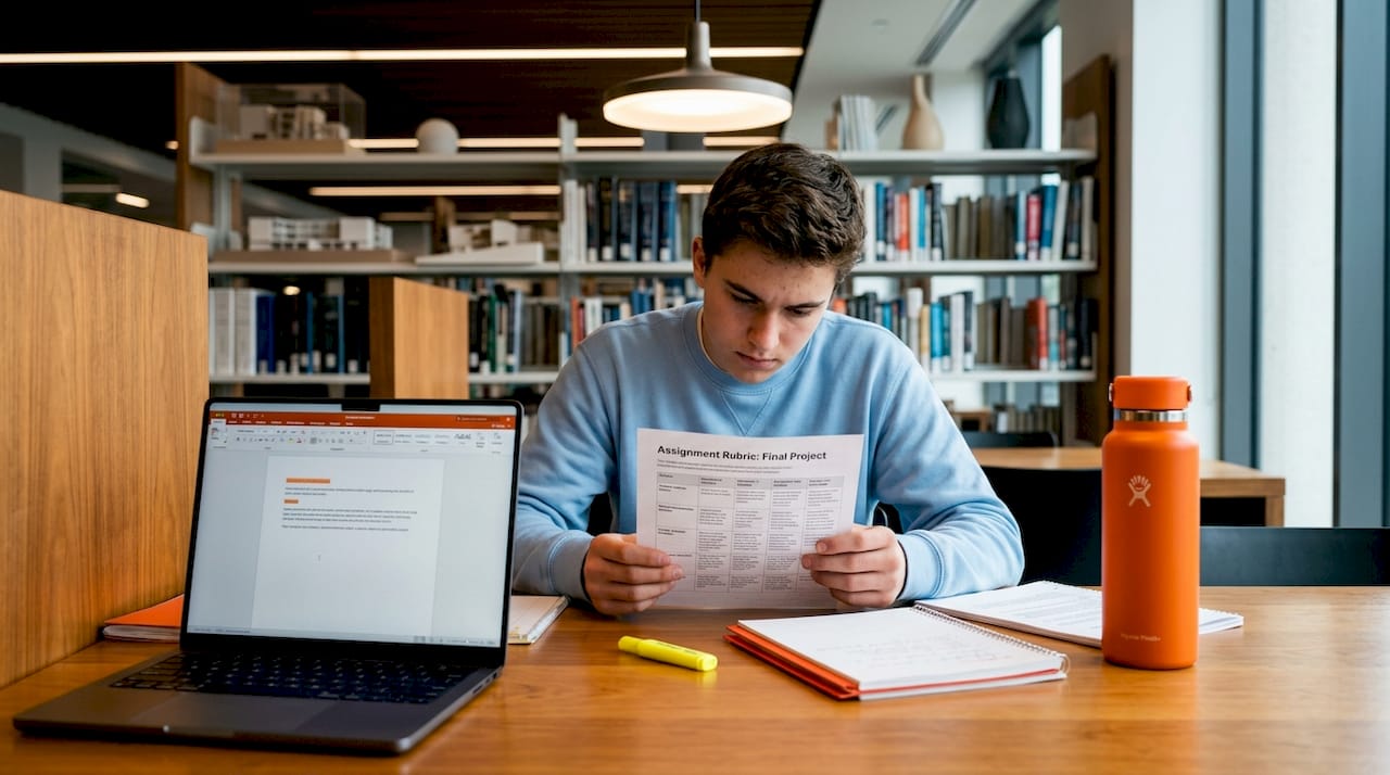 Student closely reading printed rubric in library